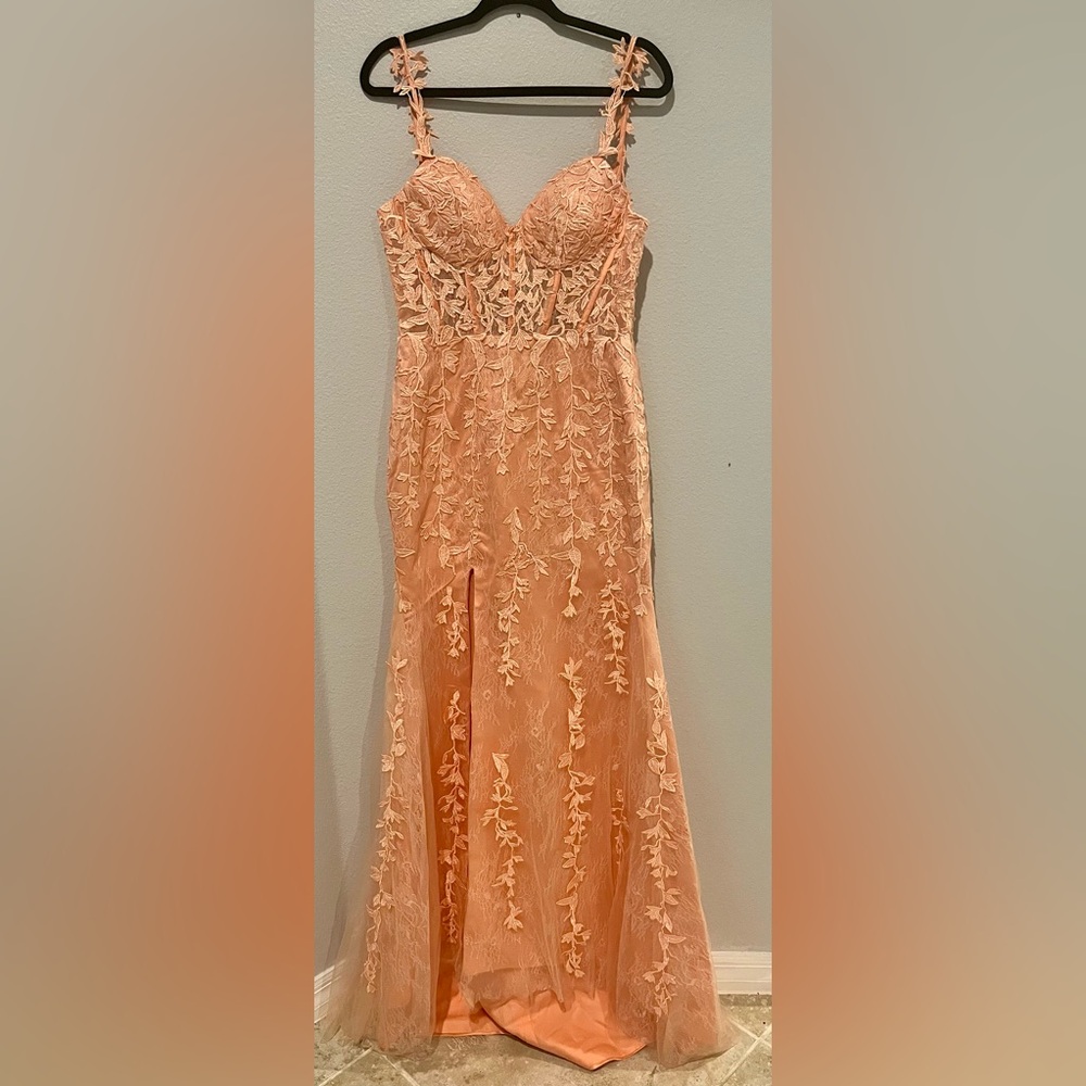 Mermaid Fitted V Neck Beading Leaf Lace Corset Sweep Train Slit Prom Dress - Picture 7 of 7